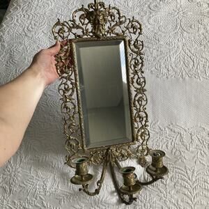 Vintage Victorian Heavy ornate Bacchus Brass Mirror 3 sconces candle holders